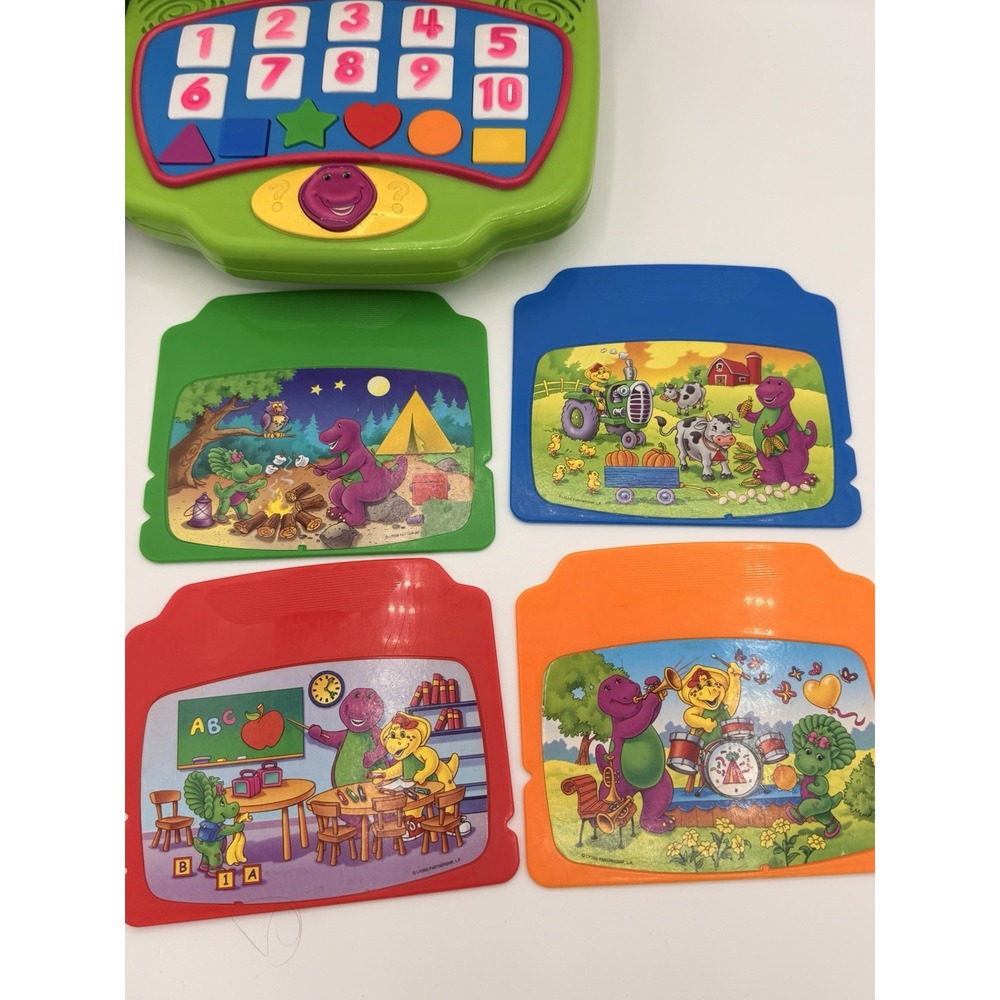 Vintage 2002 Mattel Barney Learning Fun Laptop Toy 90811 + 4 Activity Cards